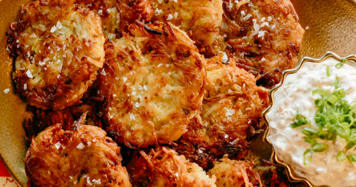 Pan-Fried Potato Latkes with Caramelized Onion and Sour Cream