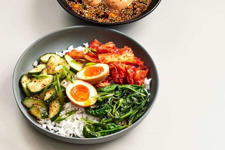 Sautéed Shiitake and Spinach Rice Bowl with Soy-Ginger Dressing