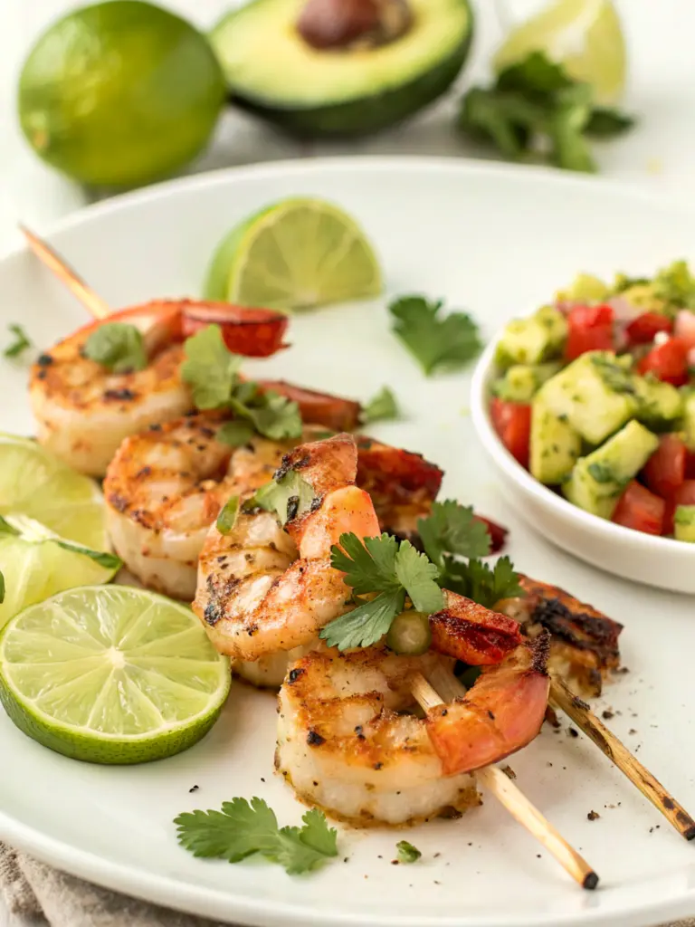 Grilled Garlic-Lime Shrimp Skewers with Avocado Salsa