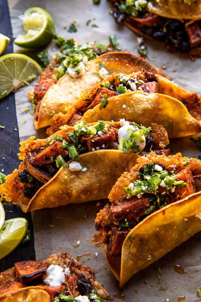 Crispy Smashed Sweet Potato Tacos with Avocado Crema