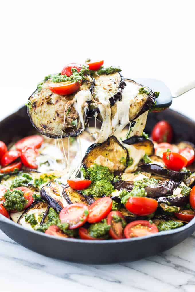 Baked Eggplant Stacks with Mozzarella and Basil Pesto