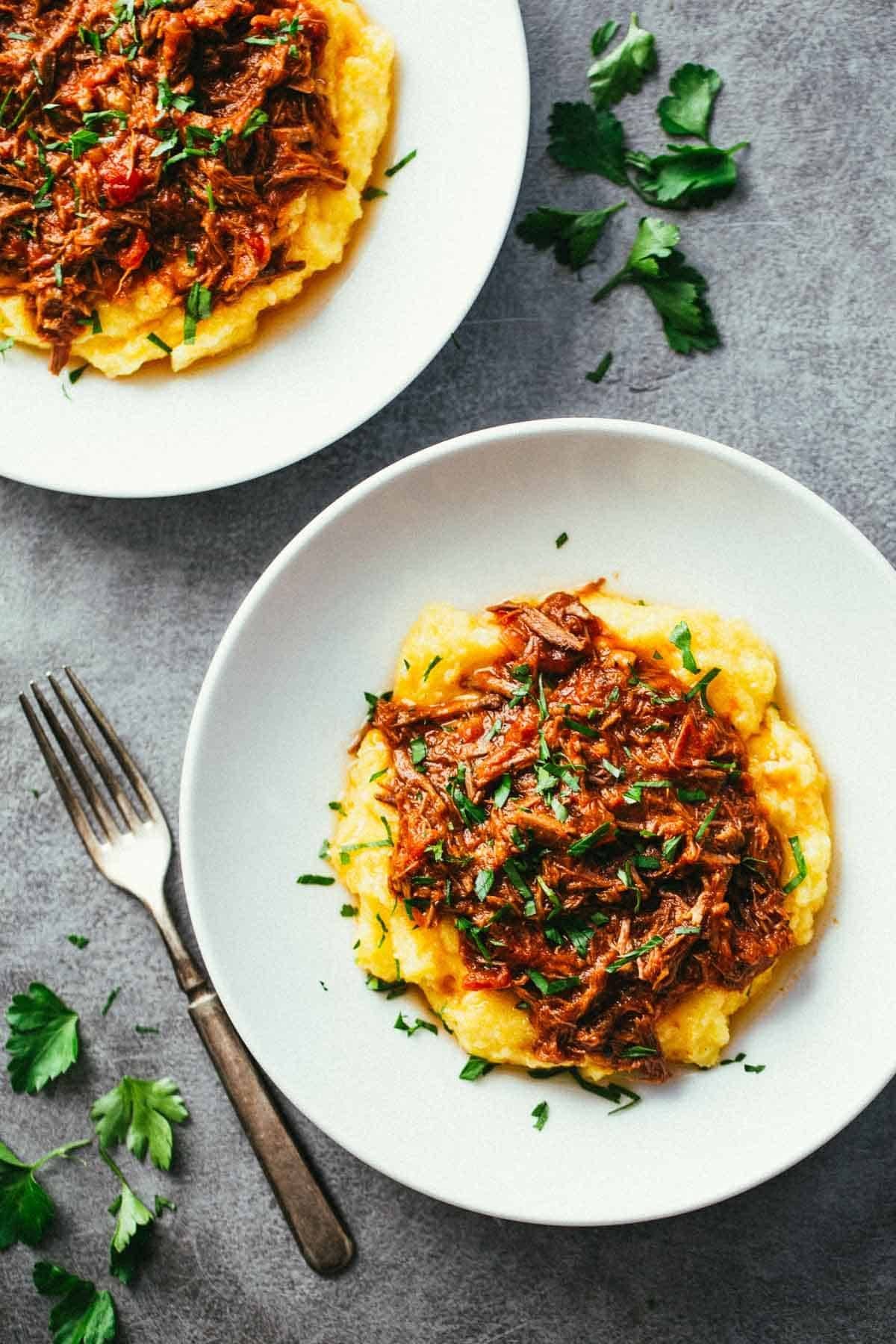 Slow-Simmered Beef Ragu with Polenta and Fresh Rosemary