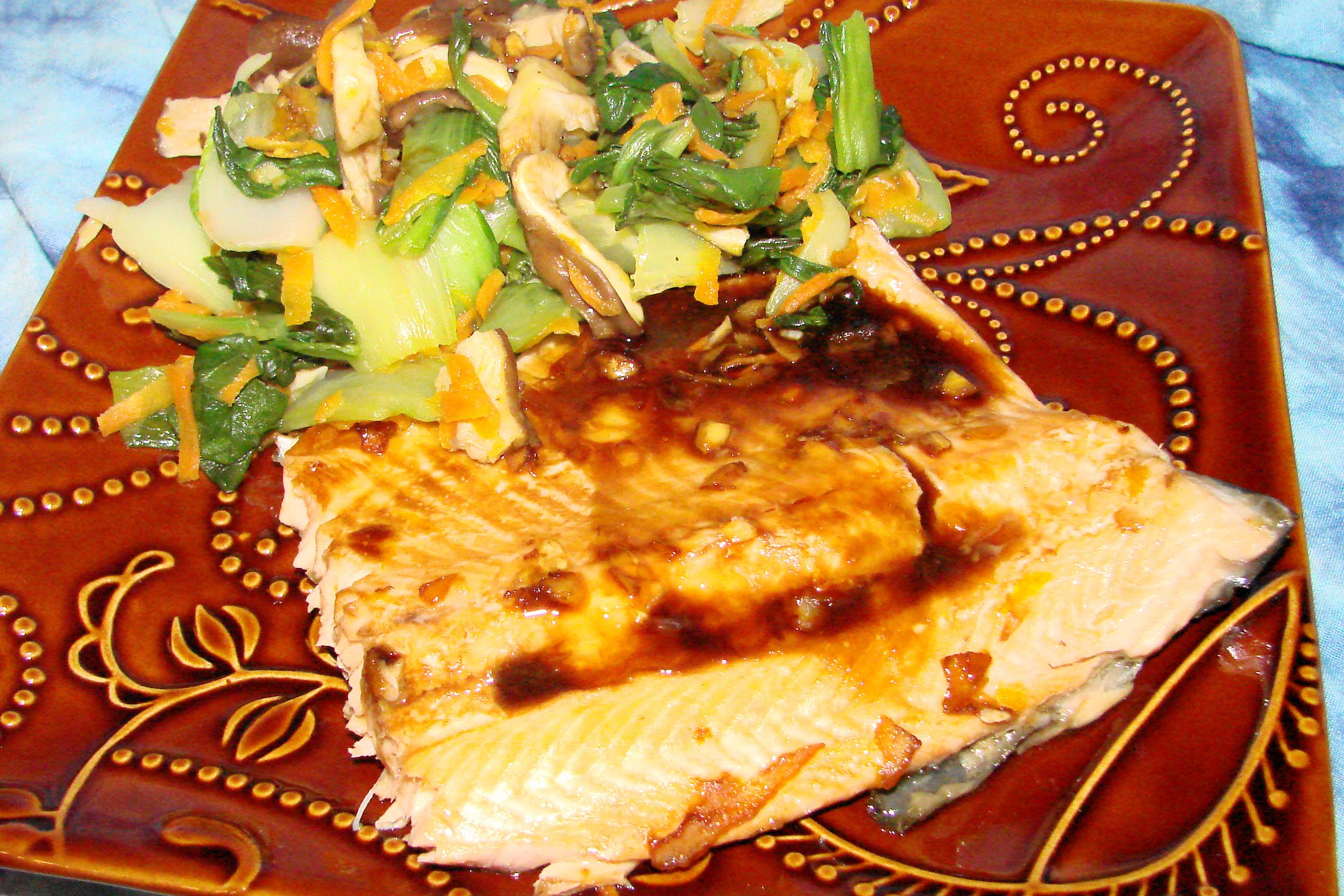 Soy-Ginger Glazed Salmon with Sesame Sautéed Bok Choy