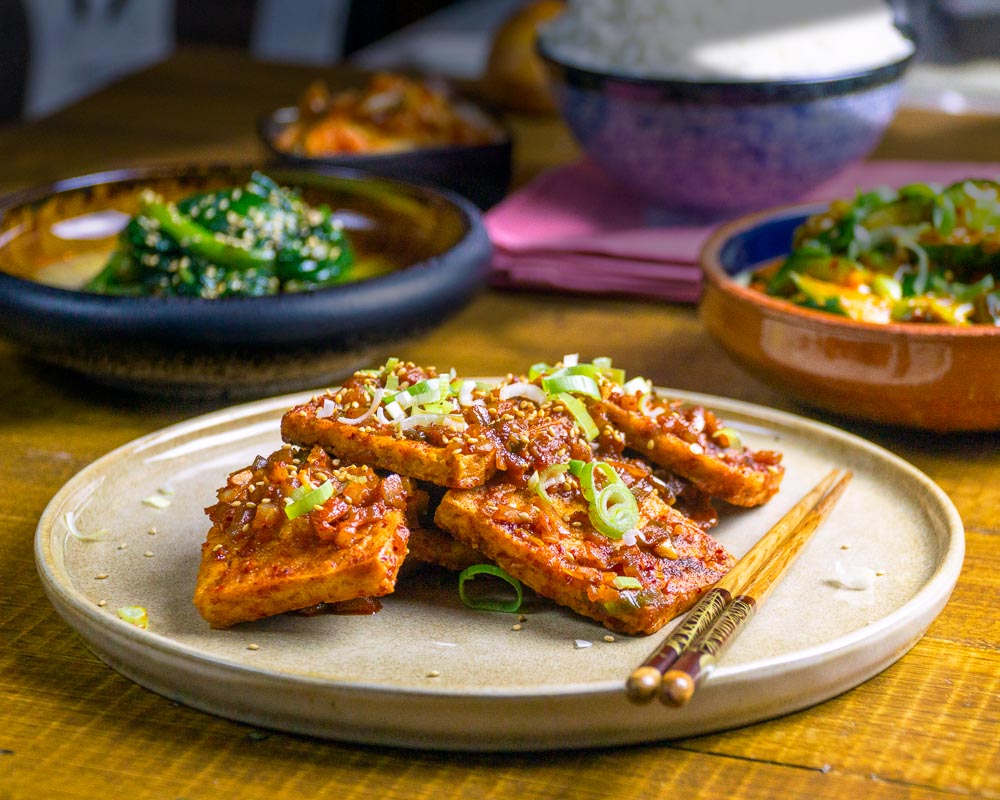 Baked Korean-Inspired Spicy Tofu with Sesame and Scallions