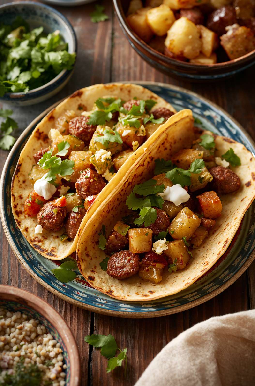 Pan-Fried Chorizo and Potato Tacos with Fresh Salsa Verde