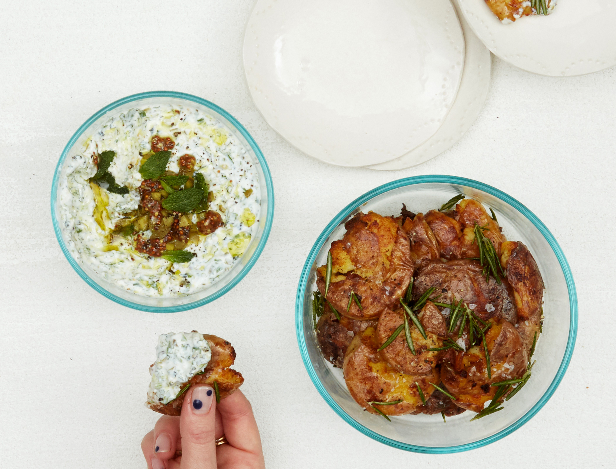 Crispy Smashed Potatoes with Herbed Yogurt Dip