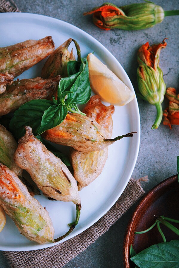 Basil and Ricotta Stuffed Zucchini Blossoms with Tomato Vinaigrette