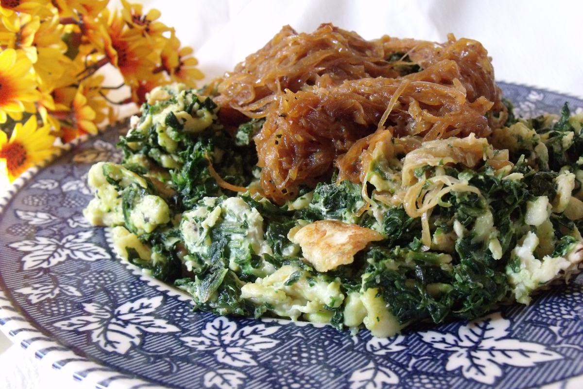 Egg-Free Matzo Brei with Sautéed Spinach and Sweet Onions