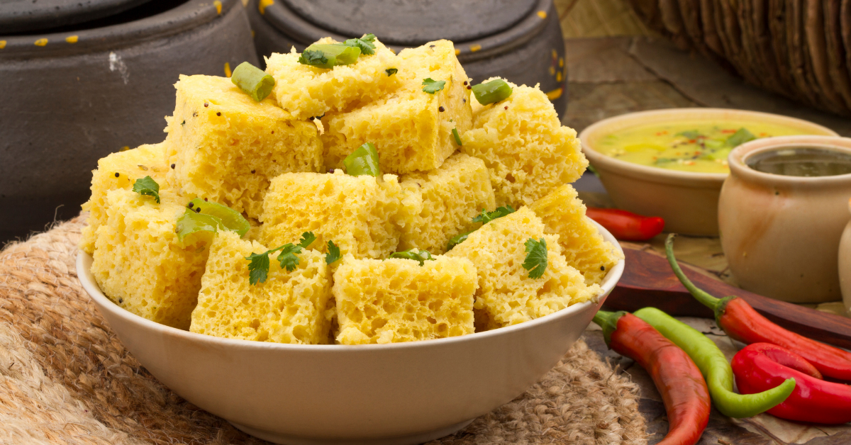 Steamed Khaman Dhokla with Mustard Seed Tempering