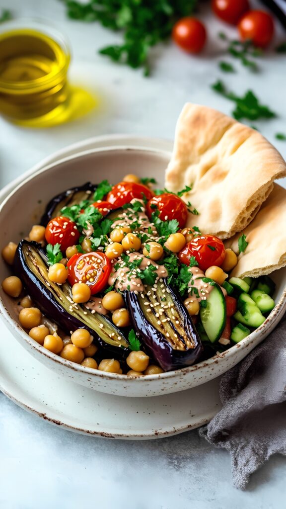 Mediterranean Eggplant and Chickpea Pasta with Mint and Yogurt Sauce