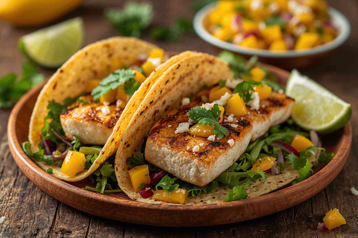 Grilled Mahi-Mahi Tacos with Mango Salsa and Cilantro Lime Crema