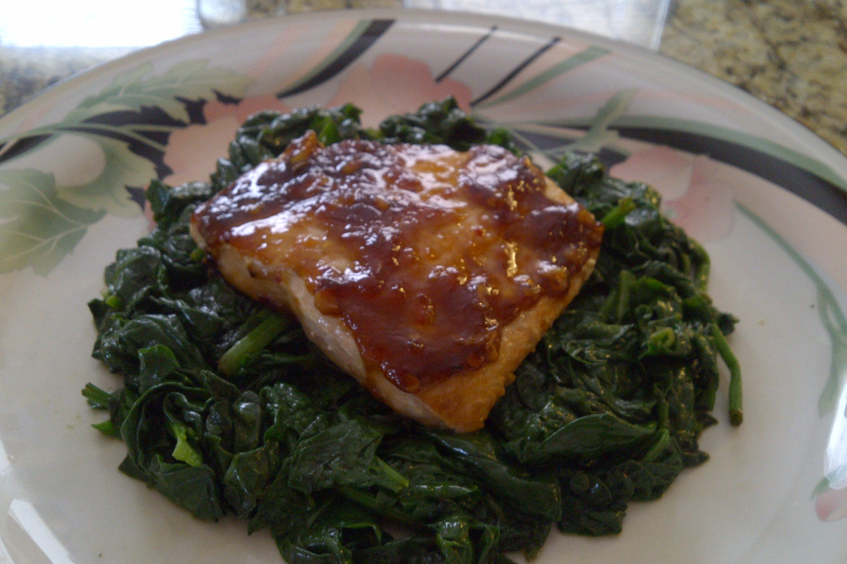 Pan-Seared Salmon with Miso Glaze and Wilted Spinach