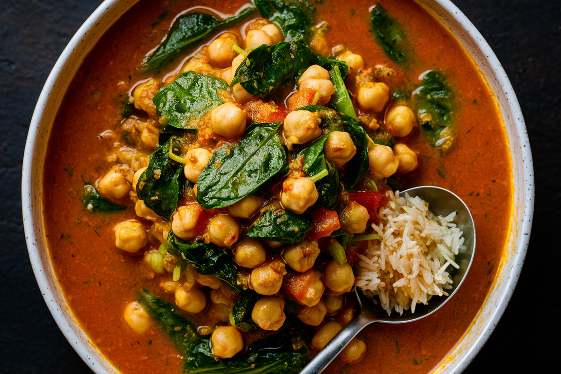 Twelve-Spice Infused Chickpea and Spinach Curry
