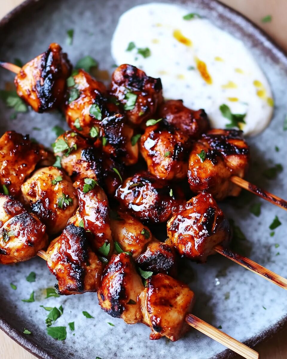 Grilled Lemon-Thyme Chicken Skewers with Garlic Yogurt Sauce