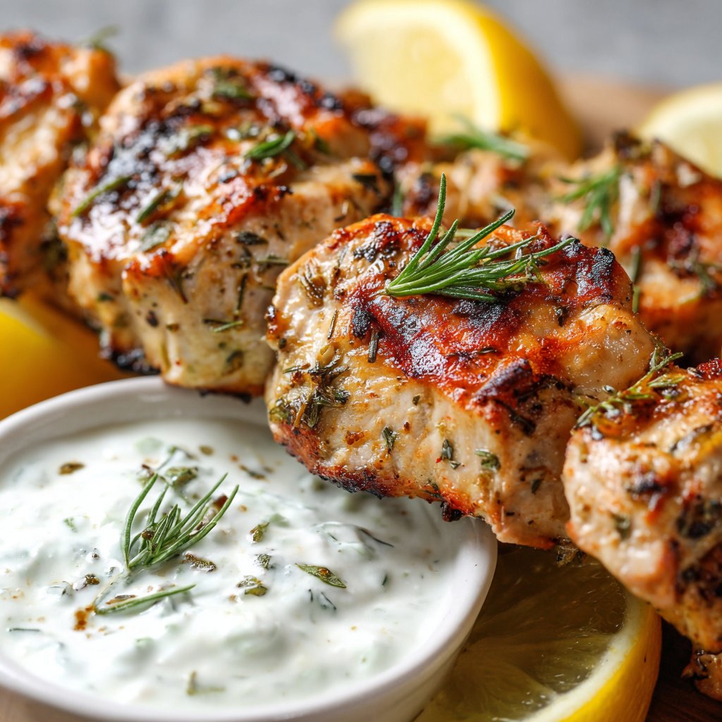 Grilled Citrus-Herb Chicken Skewers with Garlic Yogurt Dip