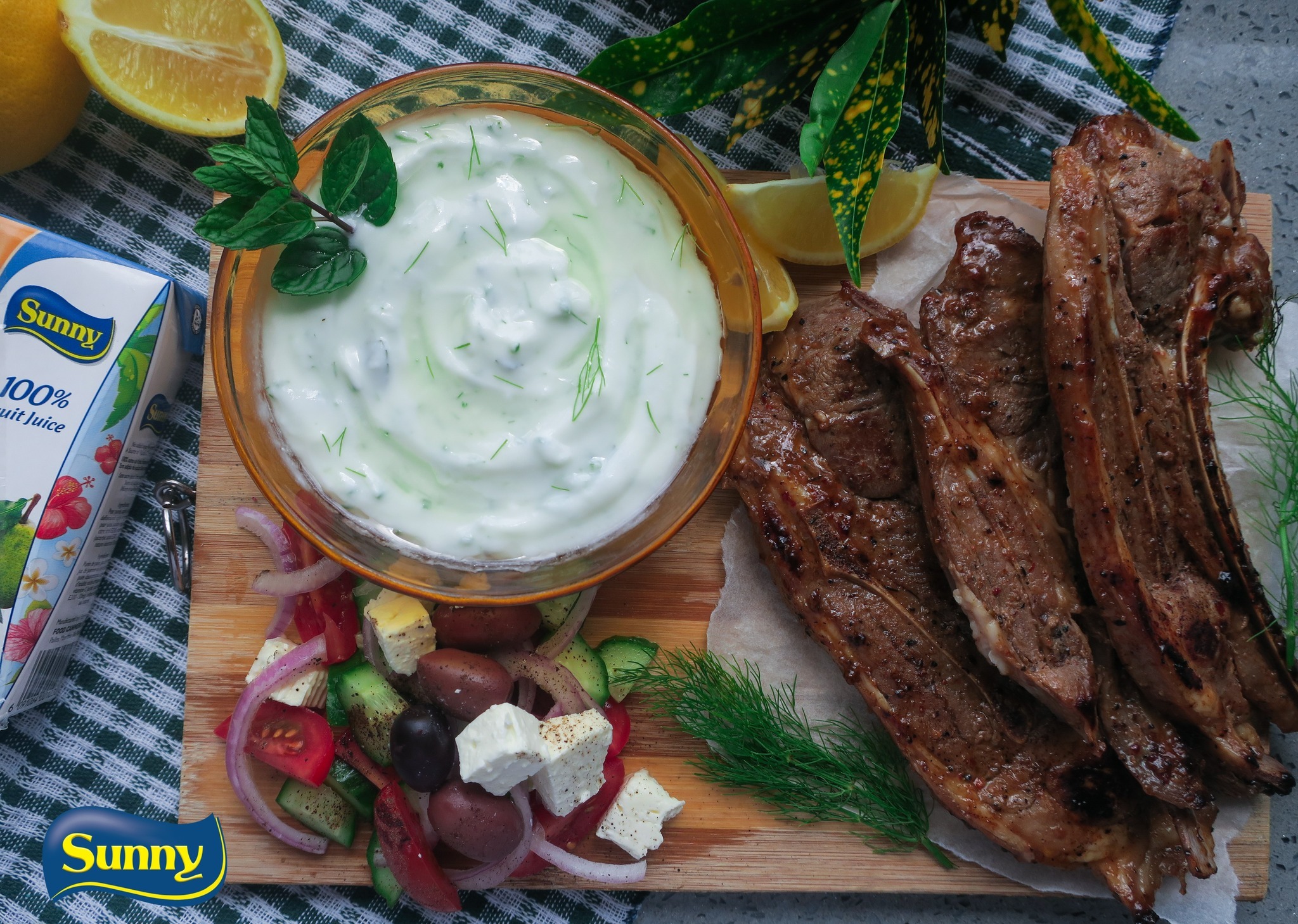 Pan-Seared Lamb Chops with Tzatziki and Grilled Vegetables
