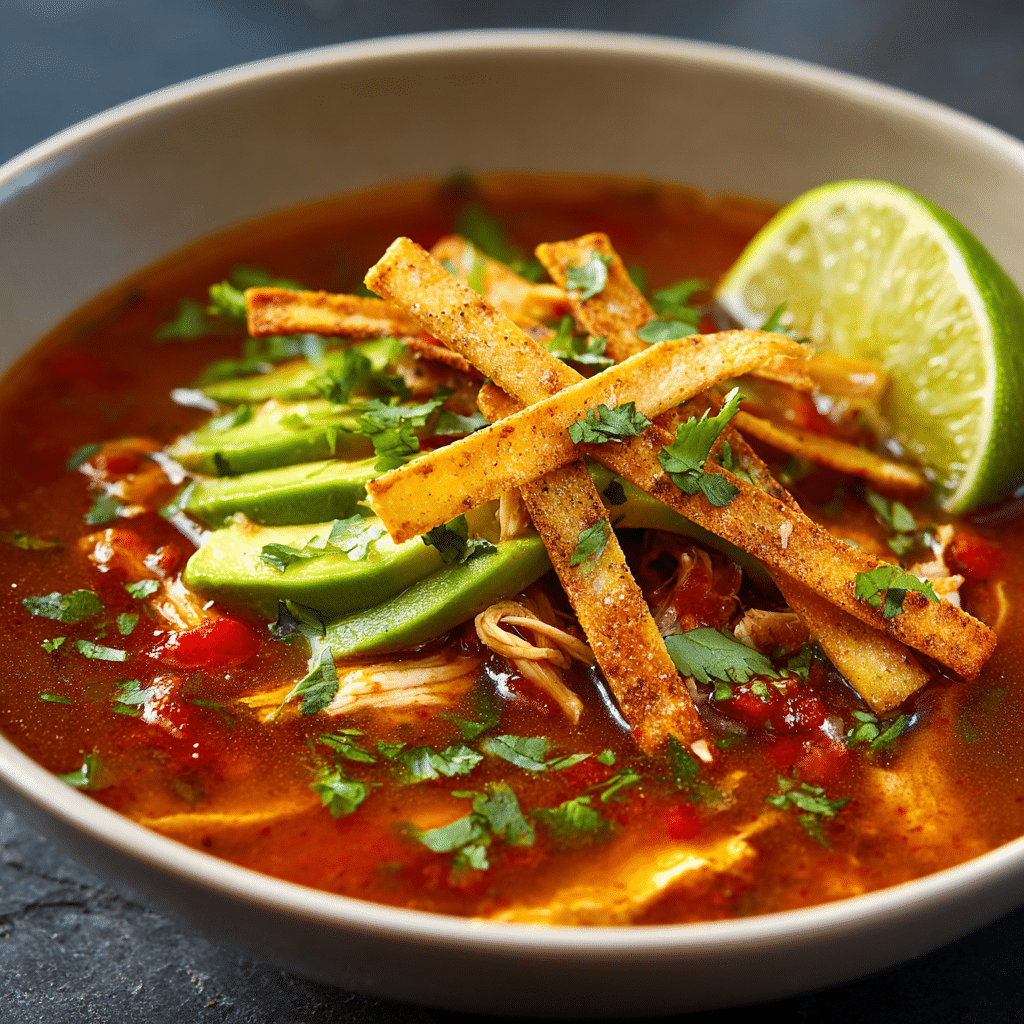 Spiced Mexican Tortilla Soup with Avocado and Crispy Tortilla Strips