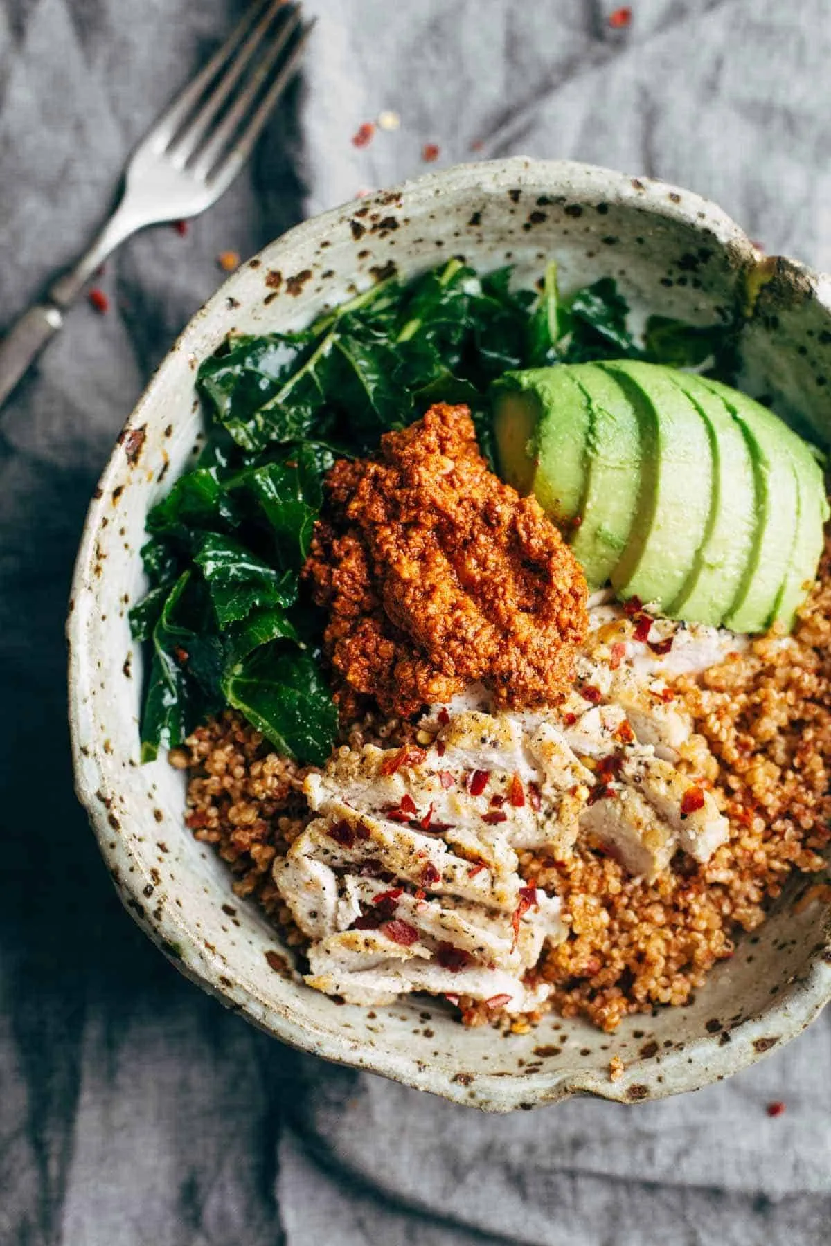 Marinated Kale and Grilled Chicken Bowl with Sun-Dried Tomato Sauce