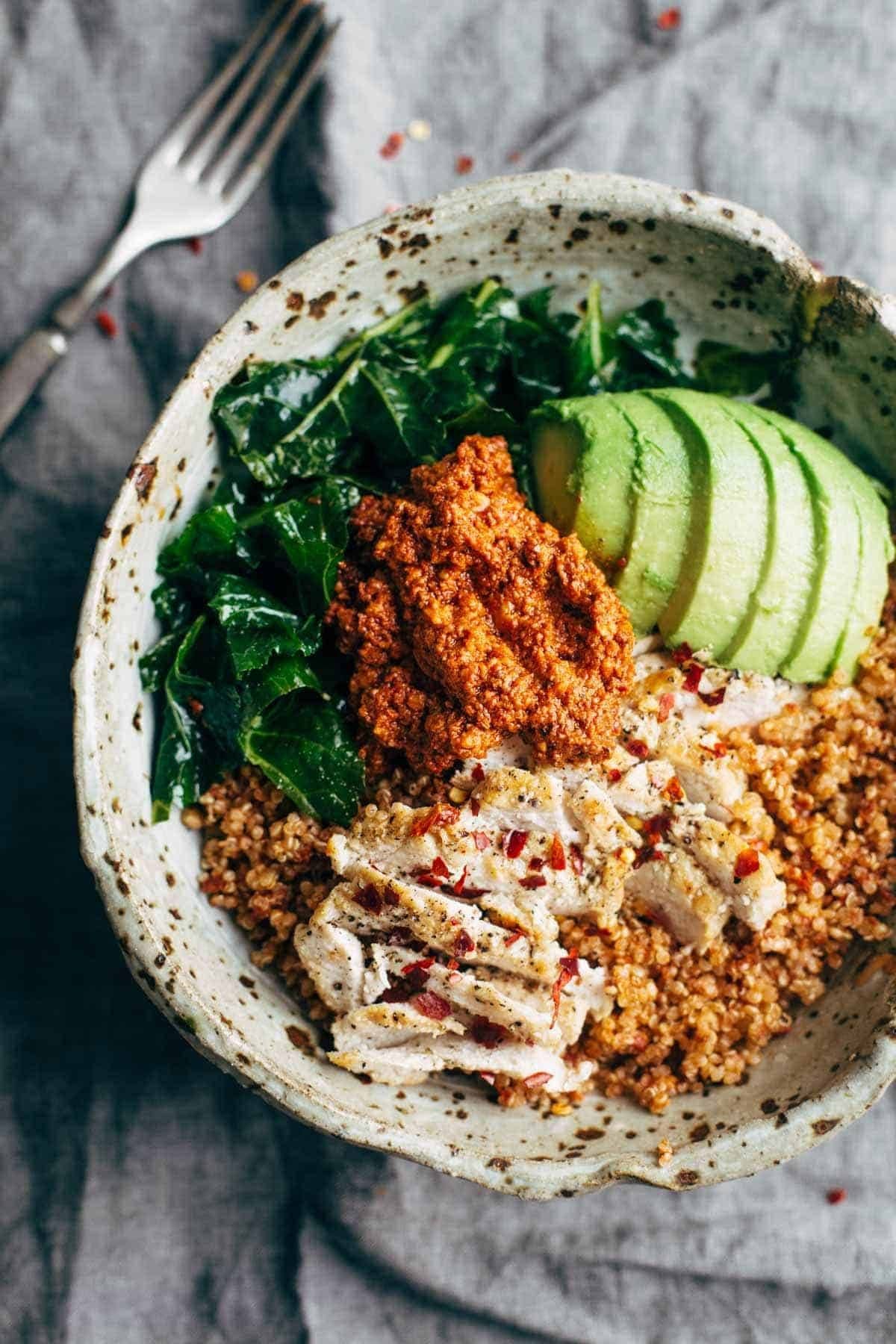 Marinated Kale and Grilled Chicken Bowl with Sun-Dried Tomato Sauce