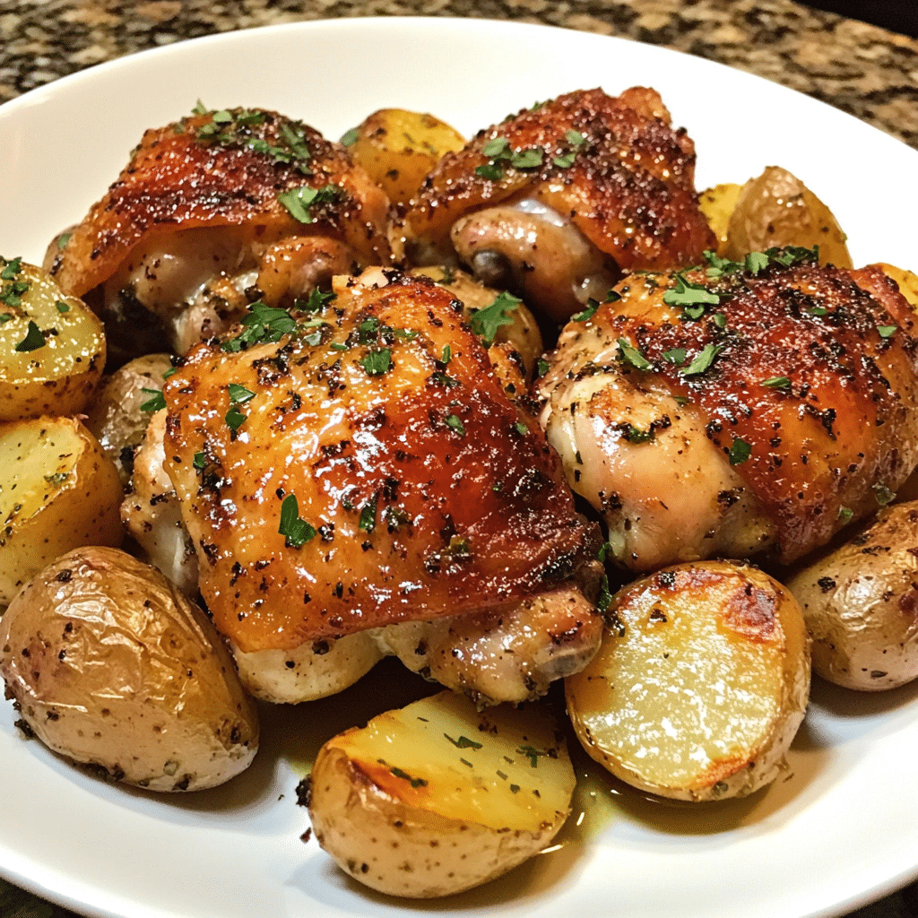Baked Herb-Marinated Chicken Thighs with Roasted Garlic Potatoes