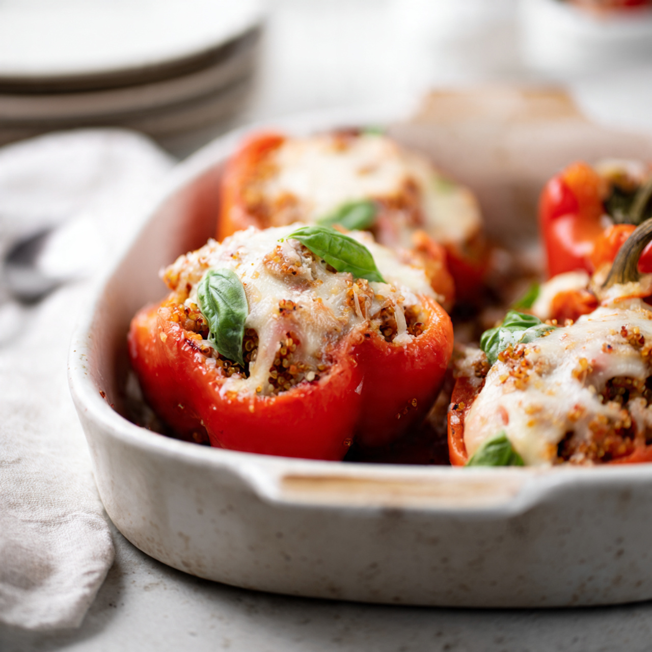 Baked Italian-Style Stuffed Bell Peppers with Quinoa and Mozzarella