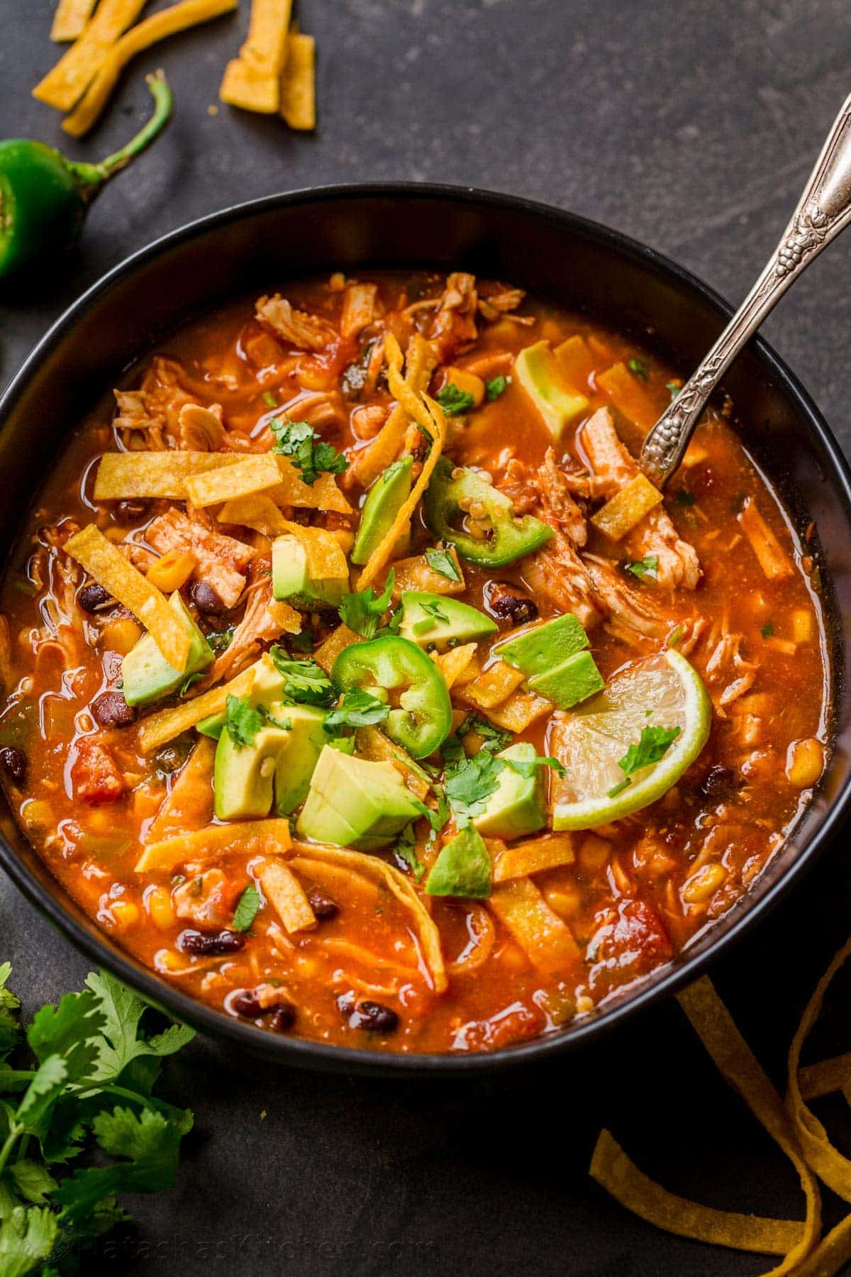 Spicy Mexican-Style Tortilla Soup with Avocado and Lime