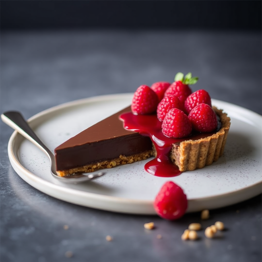 Warm Chocolate Ganache Tart with Raspberry Coulis