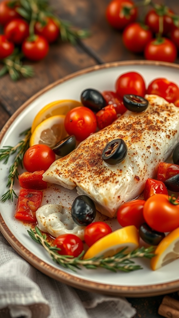 Lemon-Garlic Mediterranean Baked Cod with Tomatoes and Olives