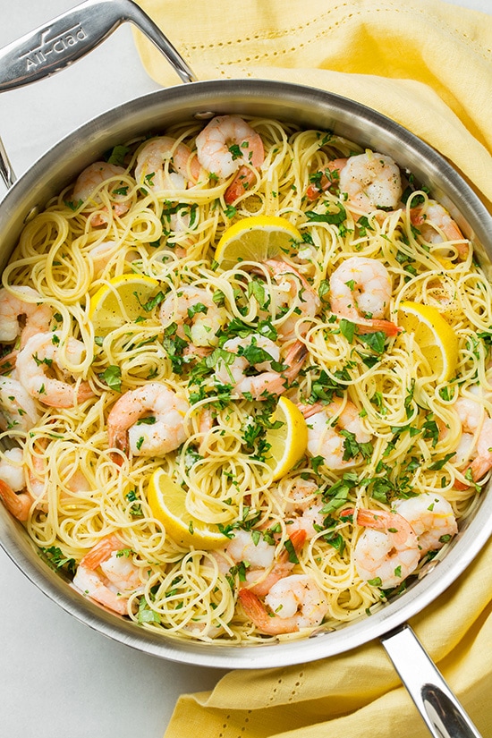 Sautéed Shrimp with Garlic and Lemon Zest over Angel Hair Pasta