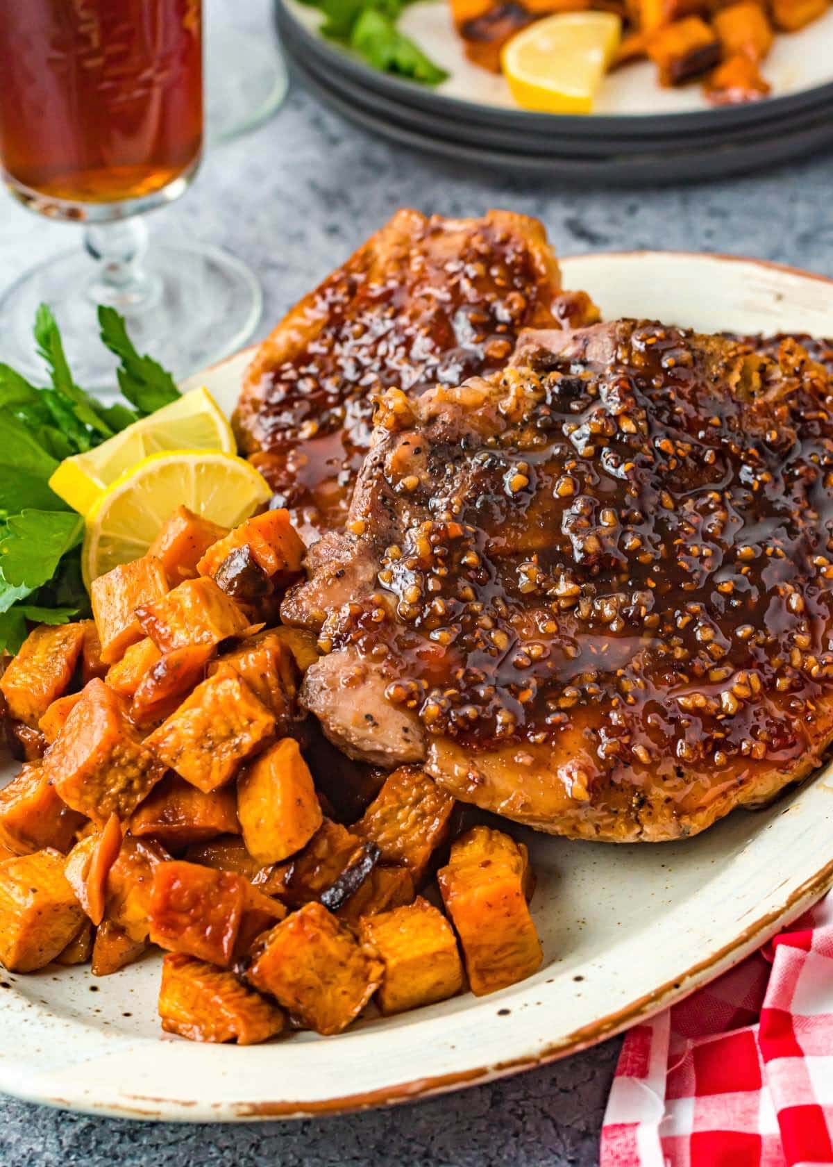 Pan-Seared Pork Chops with Maple Mustard Glaze and Roasted Sweet Potatoes