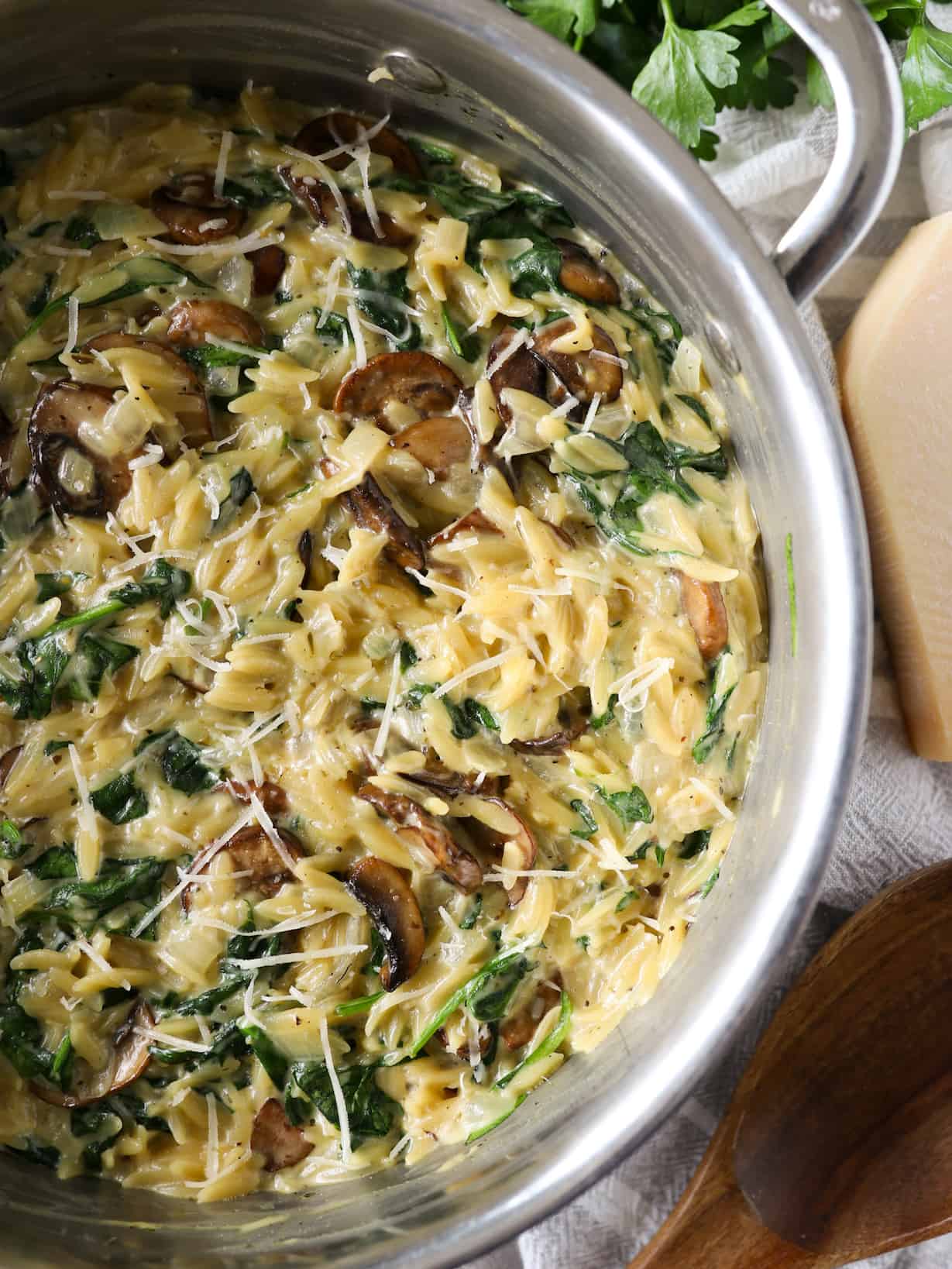 One-Pot Mushroom and Spinach Orzo with Parmesan