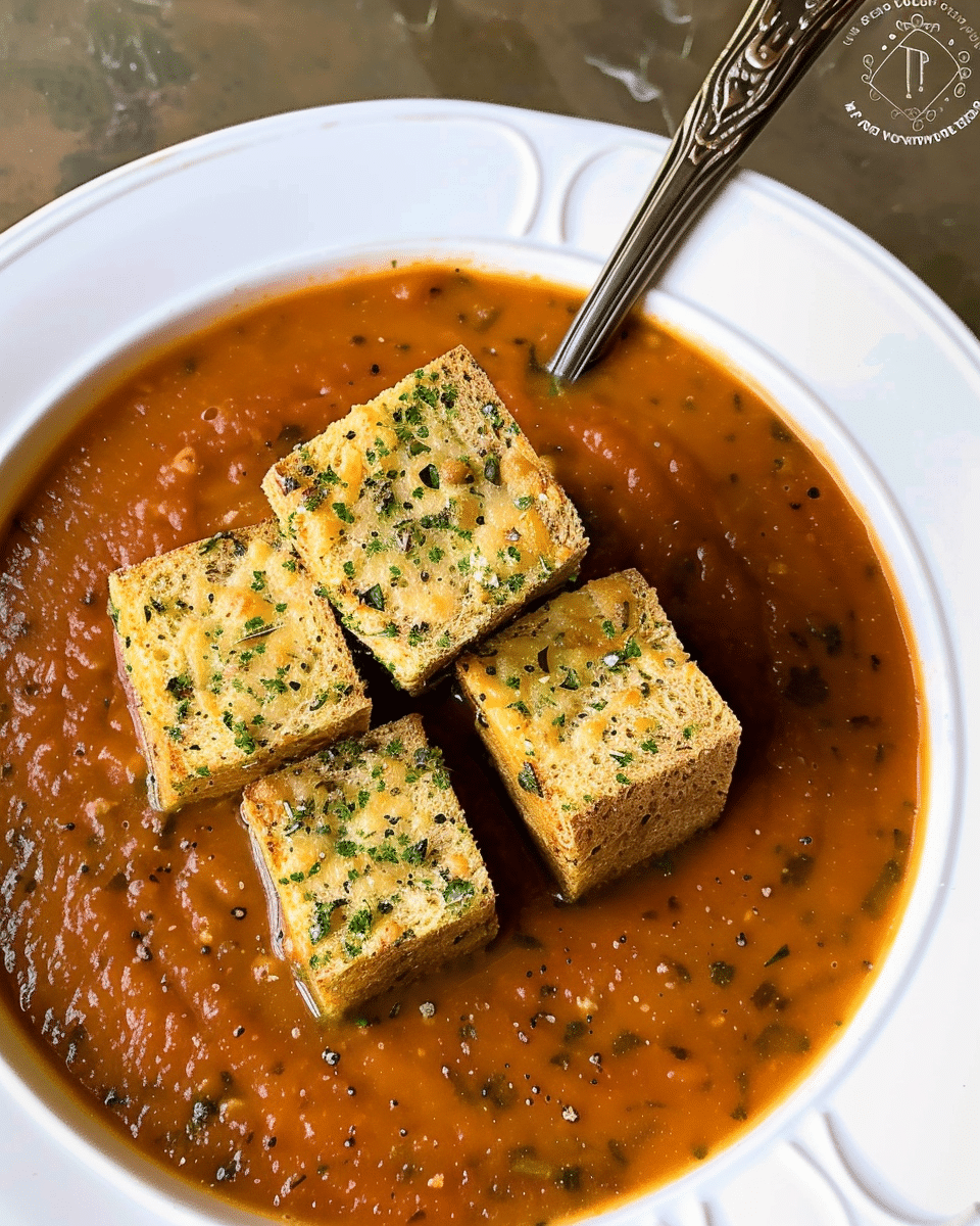 Prairie Peach Tomato & Corn Soup with Herbed Croutons