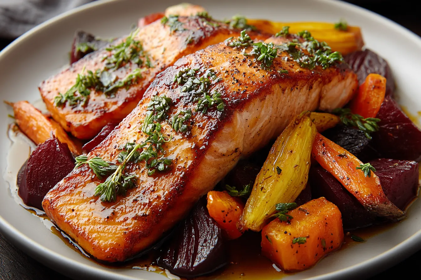 Pan-Seared Trout with Maple-Mustard Glaze and Roasted Root Vegetables
