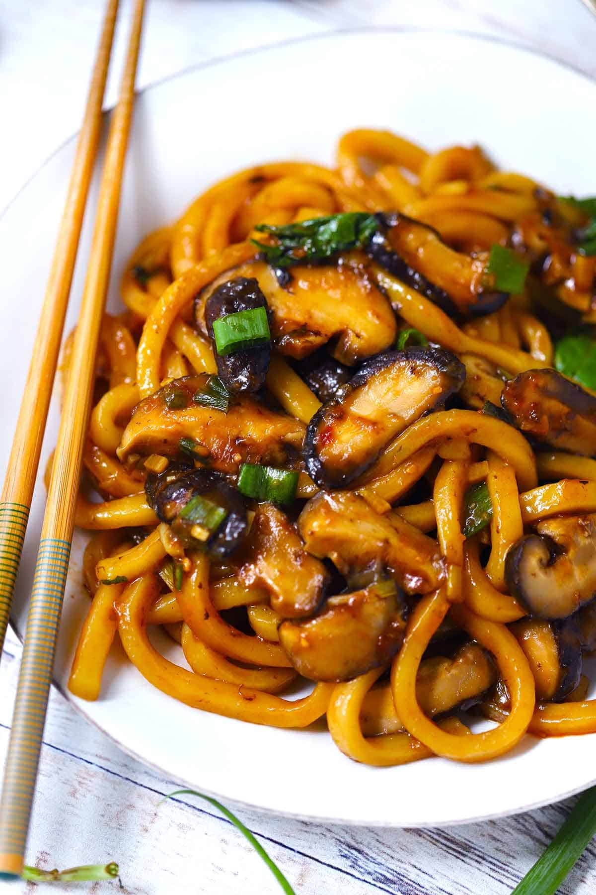 Stir-Fried Udon Noodles with Spicy Miso and Shiitake Mushrooms