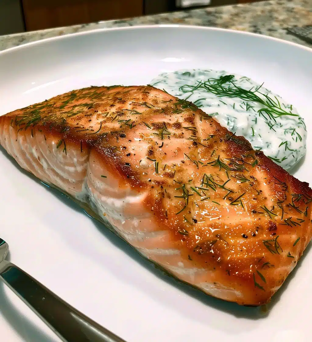 Oven-Roasted Salmon with Garlic-Dill Yogurt Sauce
