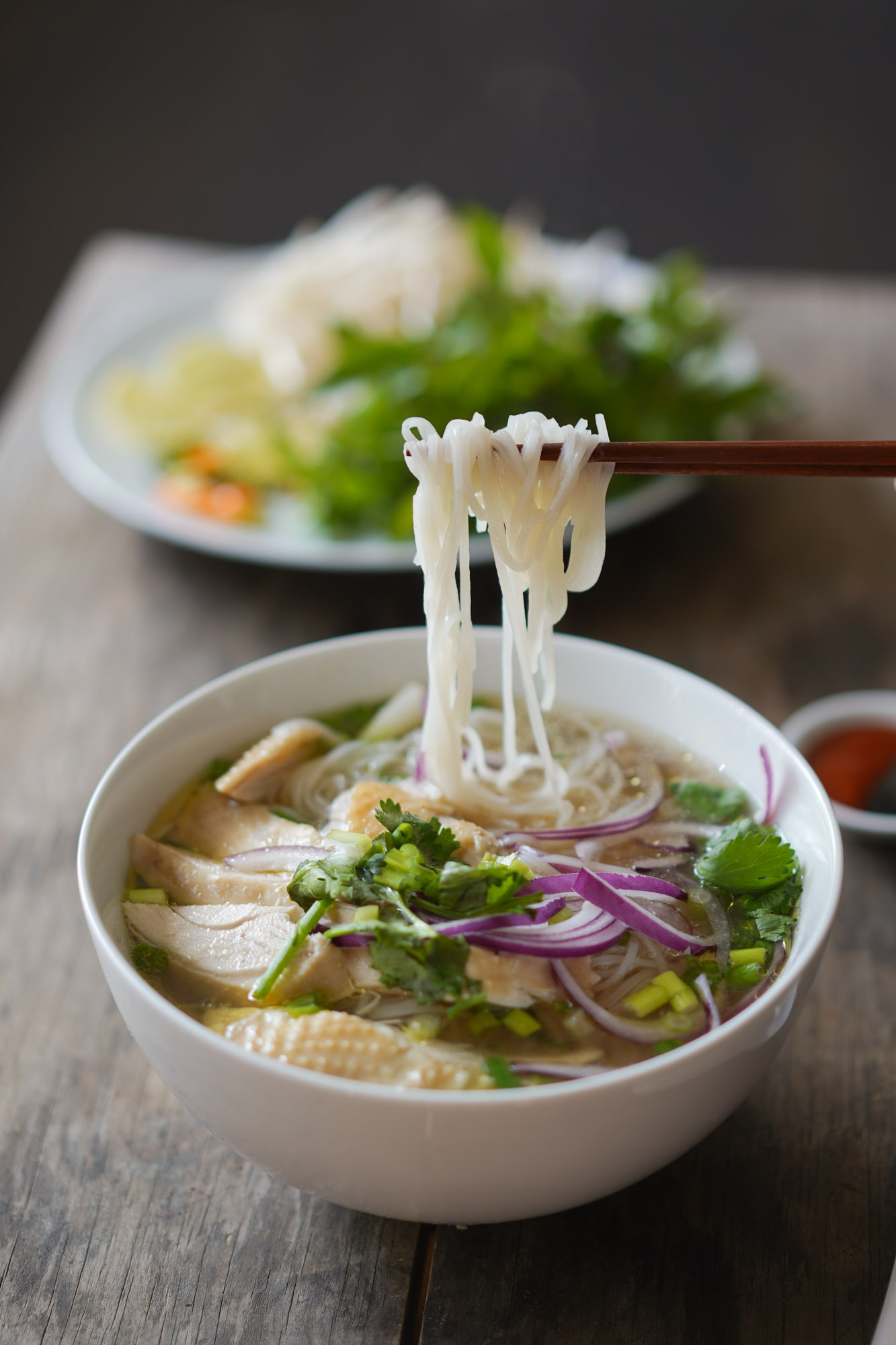Homemade Vietnamese Chicken Pho Broth with Rice Noodles
