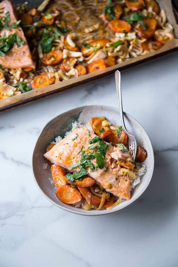 Sheet Pan Harissa-Spiced Salmon with Chickpeas