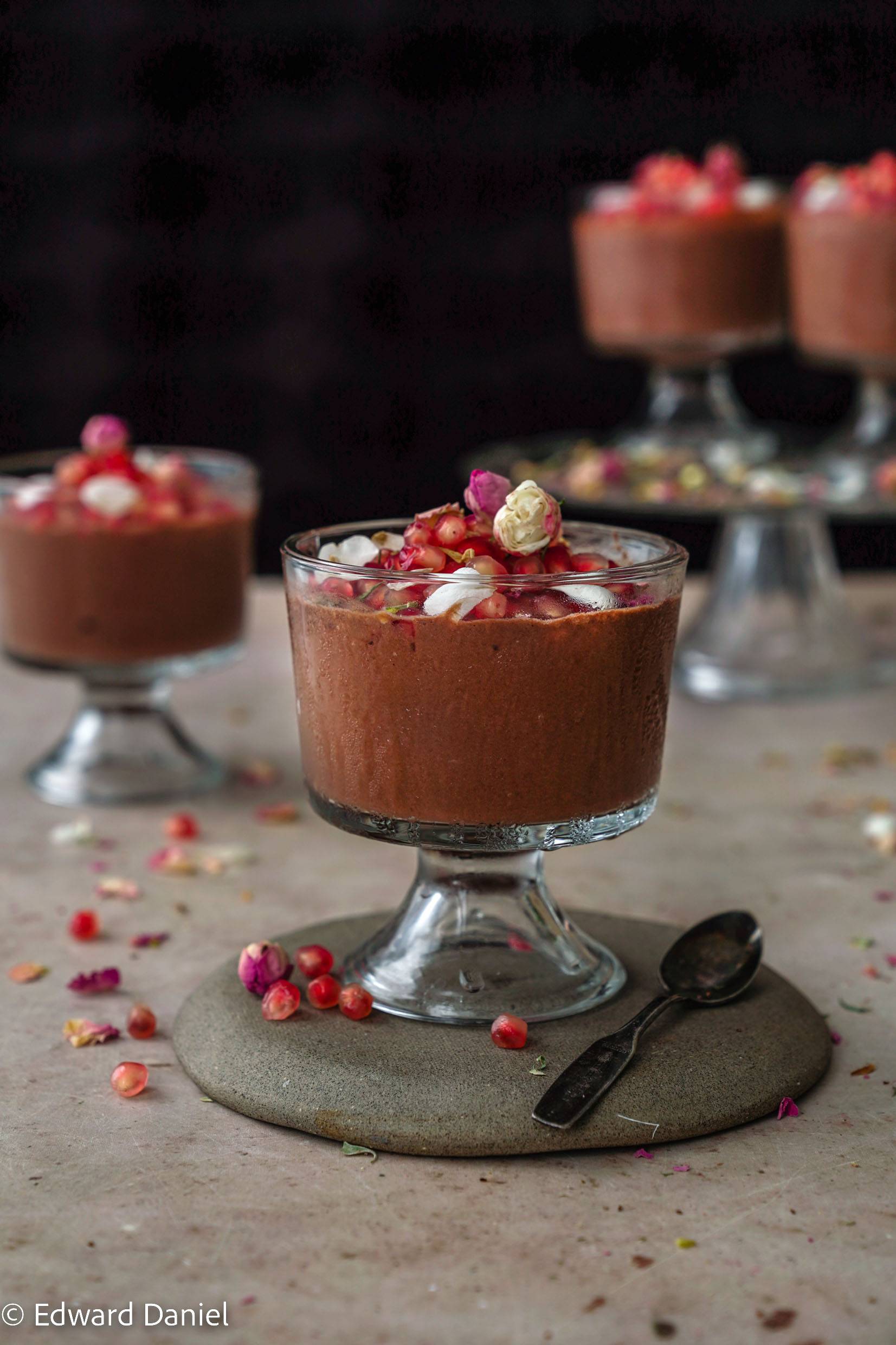 Rose-Infused Chocolate Mousse with Candied Pomegranate Seeds
