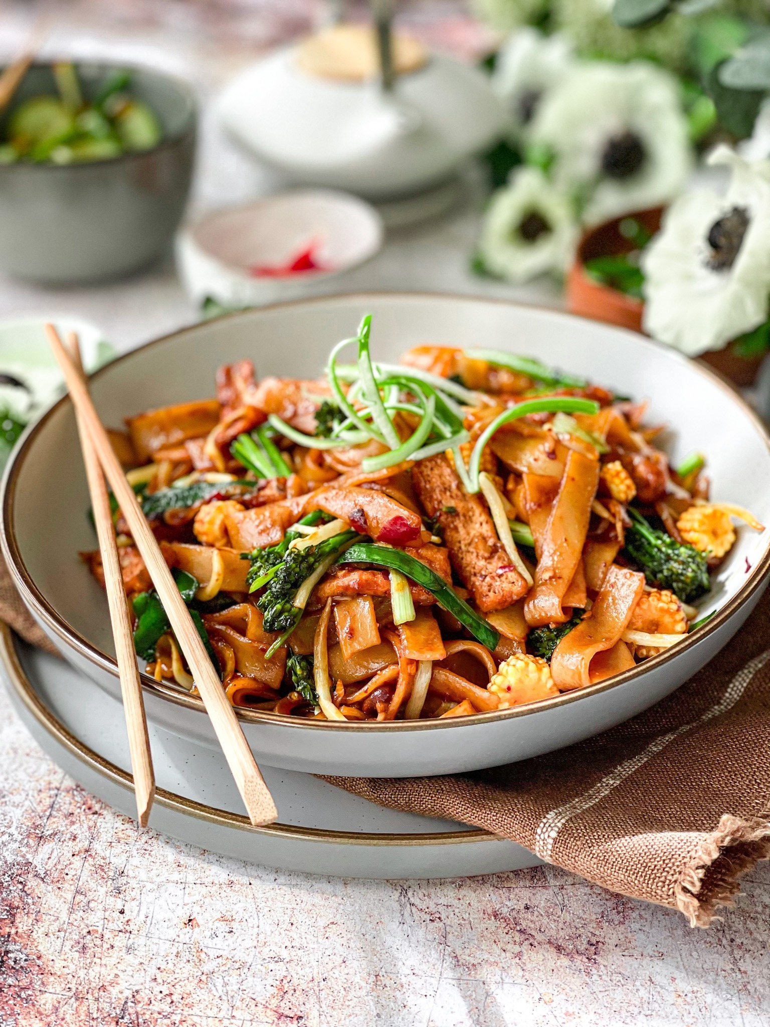 Stir-Fried Flat Rice Noodles with Thai Basil and Garlic-Chili Sauce