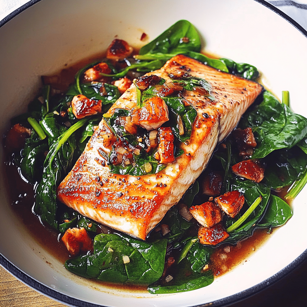 Pan-Seared Salmon with Spinach and CoQ10 Boost Dressing
