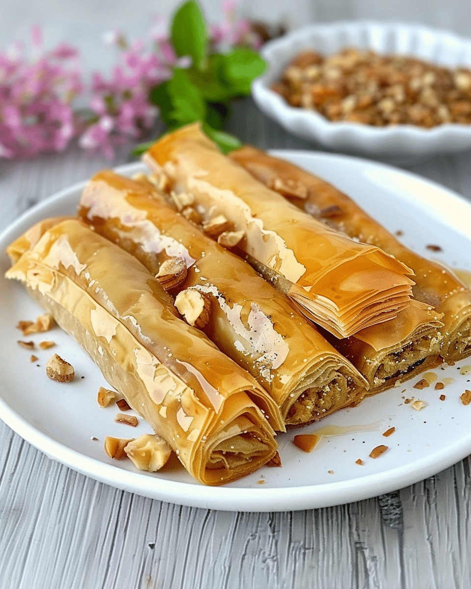 Date and Walnut Baklava Rolls with Cardamom Syrup
