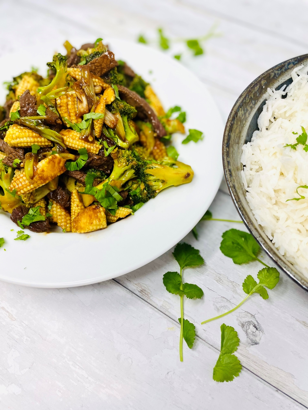 Stir-Fried Sesame Beef with Broccoli and Baby Corn