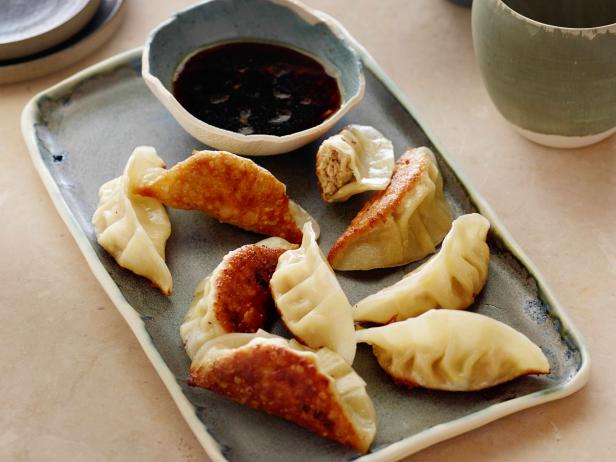 Pan-Fried Pork Gyoza with Garlic-Soy Dipping Sauce