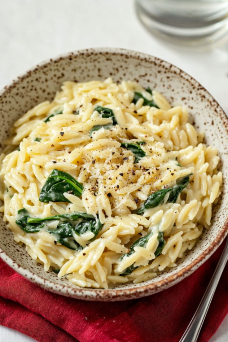 One-Pot Creamy Parmesan Orzo with Spinach and Lemon