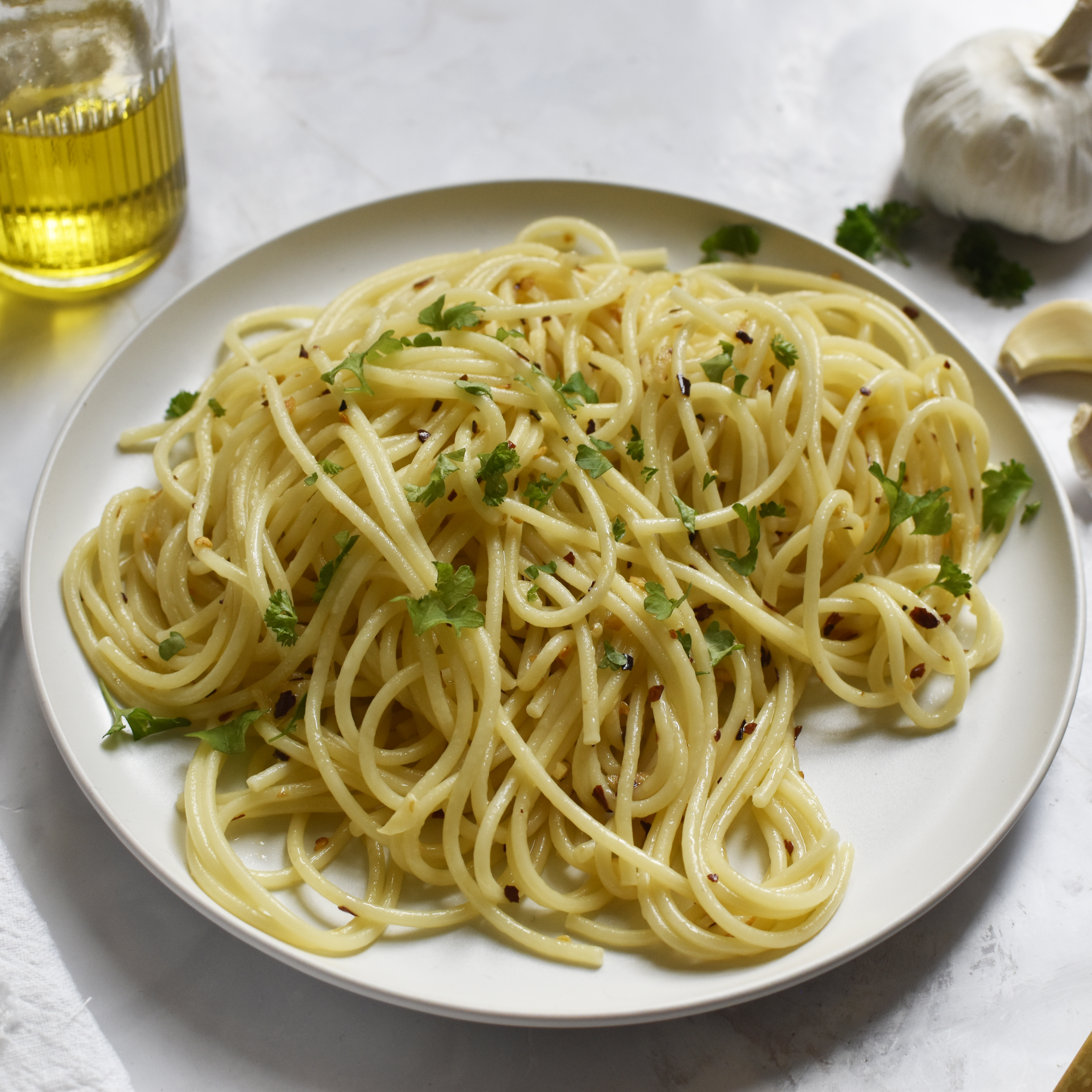 Handcrafted Spaghetti Aglio e Olio with Garlic Crisp