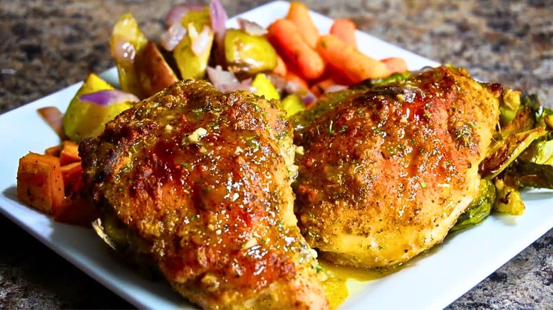 Pan-Seared Chicken with Honey Mustard Glaze and Roasted Vegetables