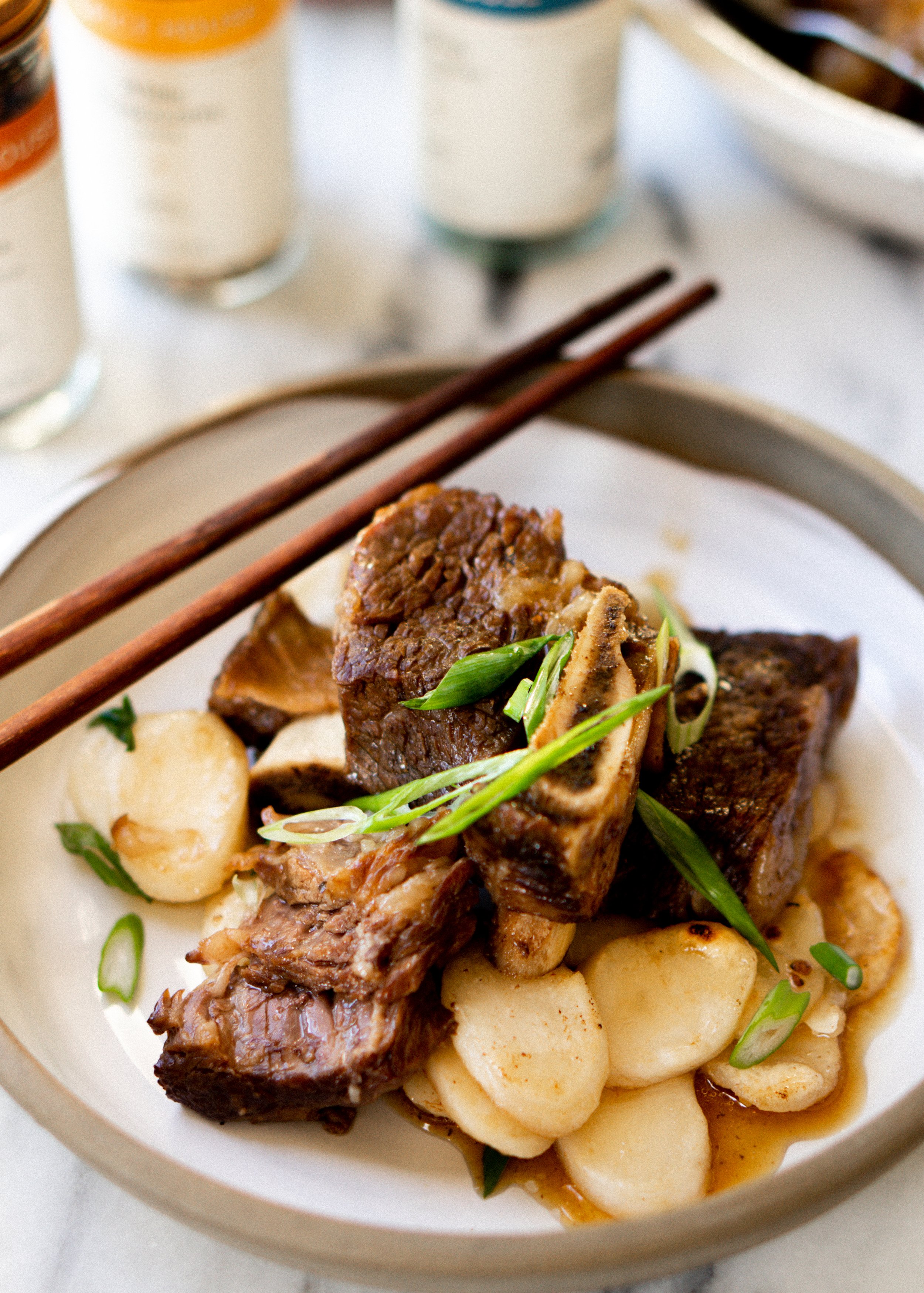 Soy-Braised Short Ribs with Scallion Pancakes