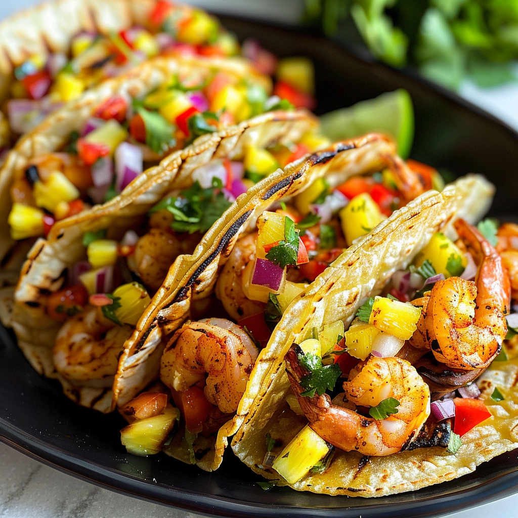 Sautéed Shrimp Tacos with Pineapple Salsa and Cilantro Crema