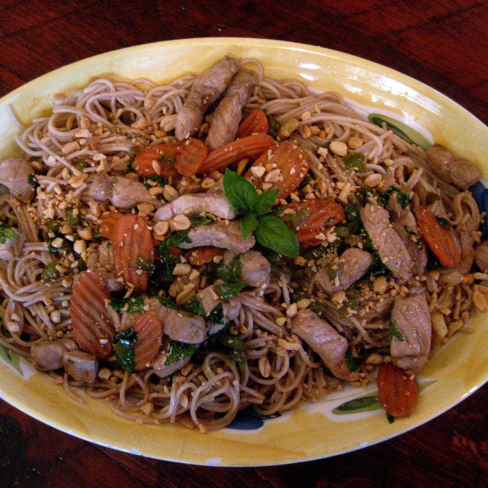 Thai Basil Pork Pasta with Cashews and Peanuts