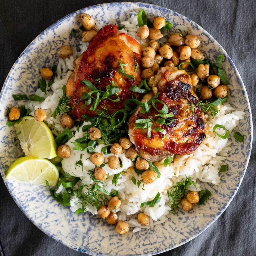 Air Fryer Harissa-Spiced Chicken Thighs with Chickpeas